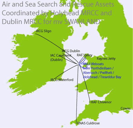 Air and Sea Search and Rescue Assets Coordinated by Holyhead MRCC and Dublin MRCC for mv SWANLAND