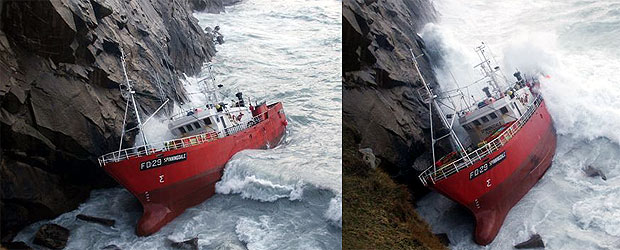The SPINNINGDALE being pounded by the waves on the cliffs of Village Bay, St Kilda, 1st February 2008